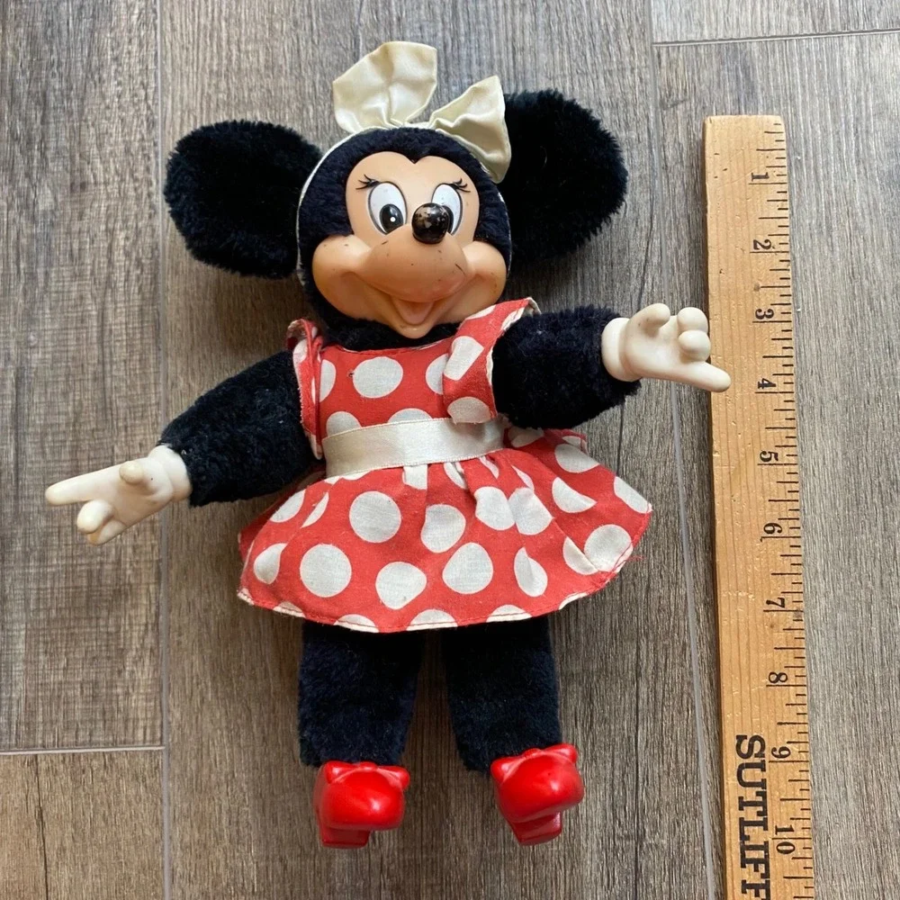 Vintage 1981 Applause Minnie Mouse Plush Doll Vinyl Face Red Polka Dot Dress VTG